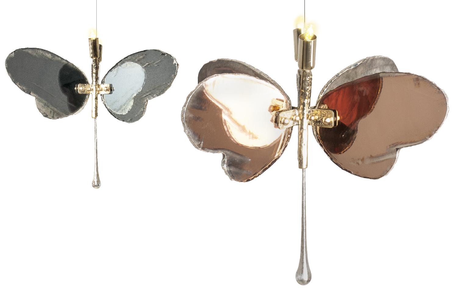 Butterfly Hanging Lamp Rose Silvered Glass, Brass Body, Crystal Drop In New Condition In Pietrasanta, IT