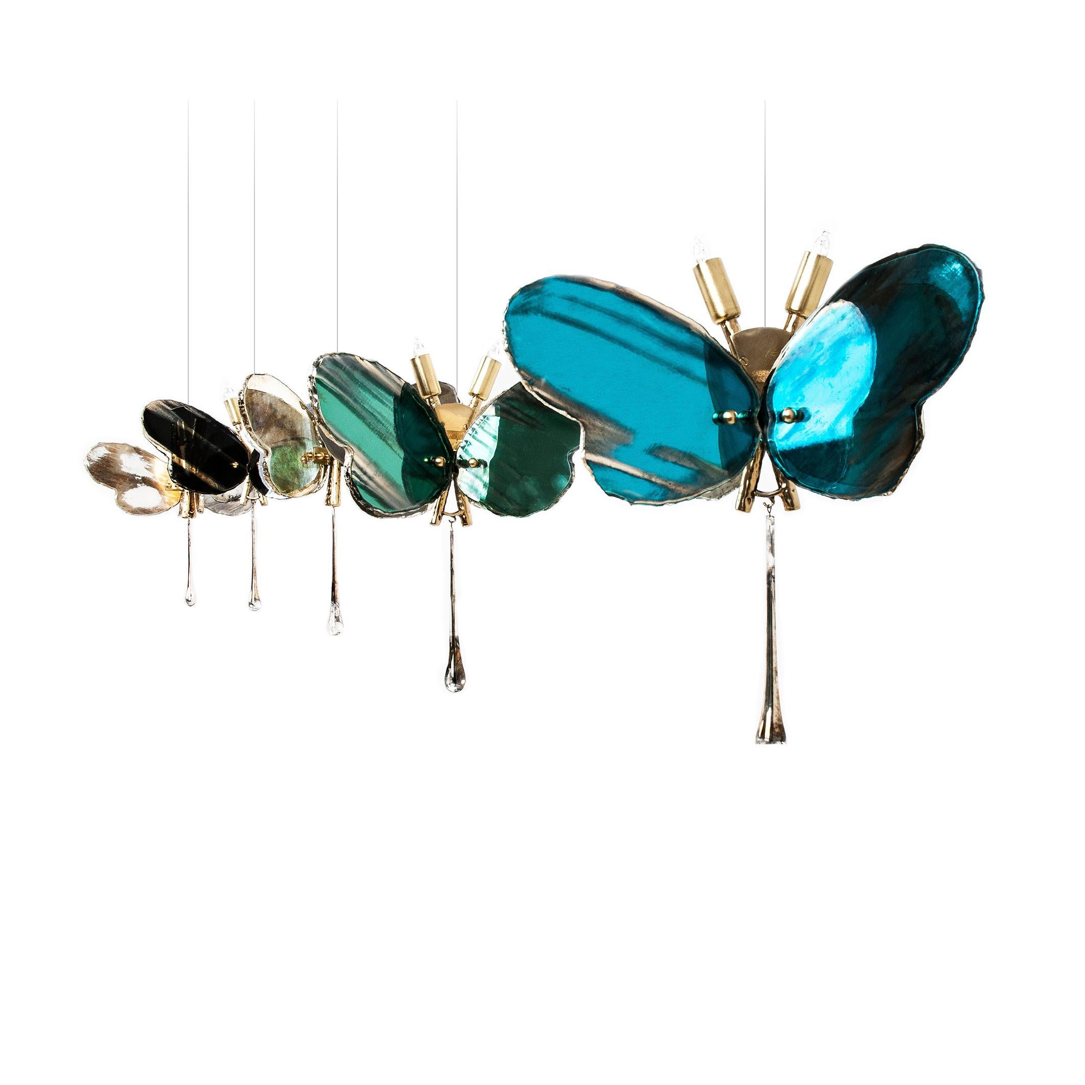 Contemporary Butterfly Hanging Lamp Rose Silvered Glass, Brass Body, Crystal Drop