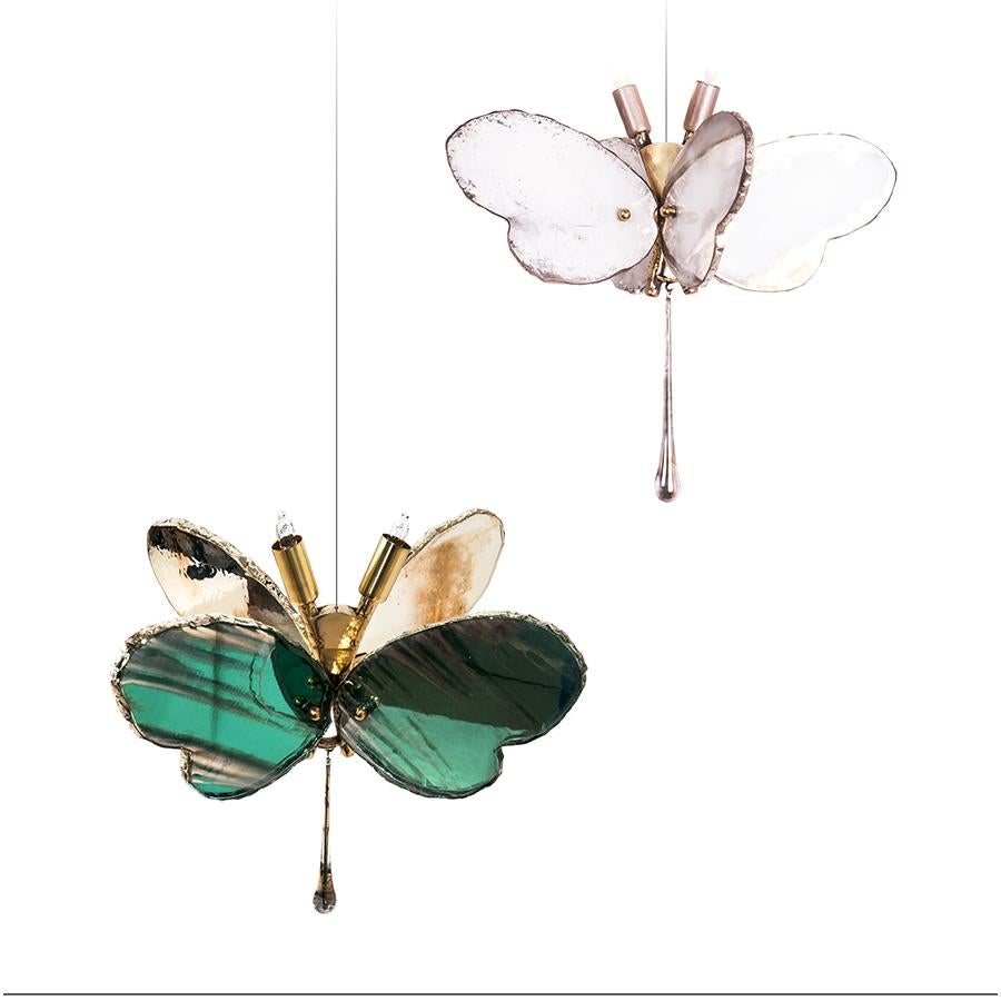 Butterfly Hanging Lamp Rose Silvered Glass, Brass Body, Crystal Drop 3