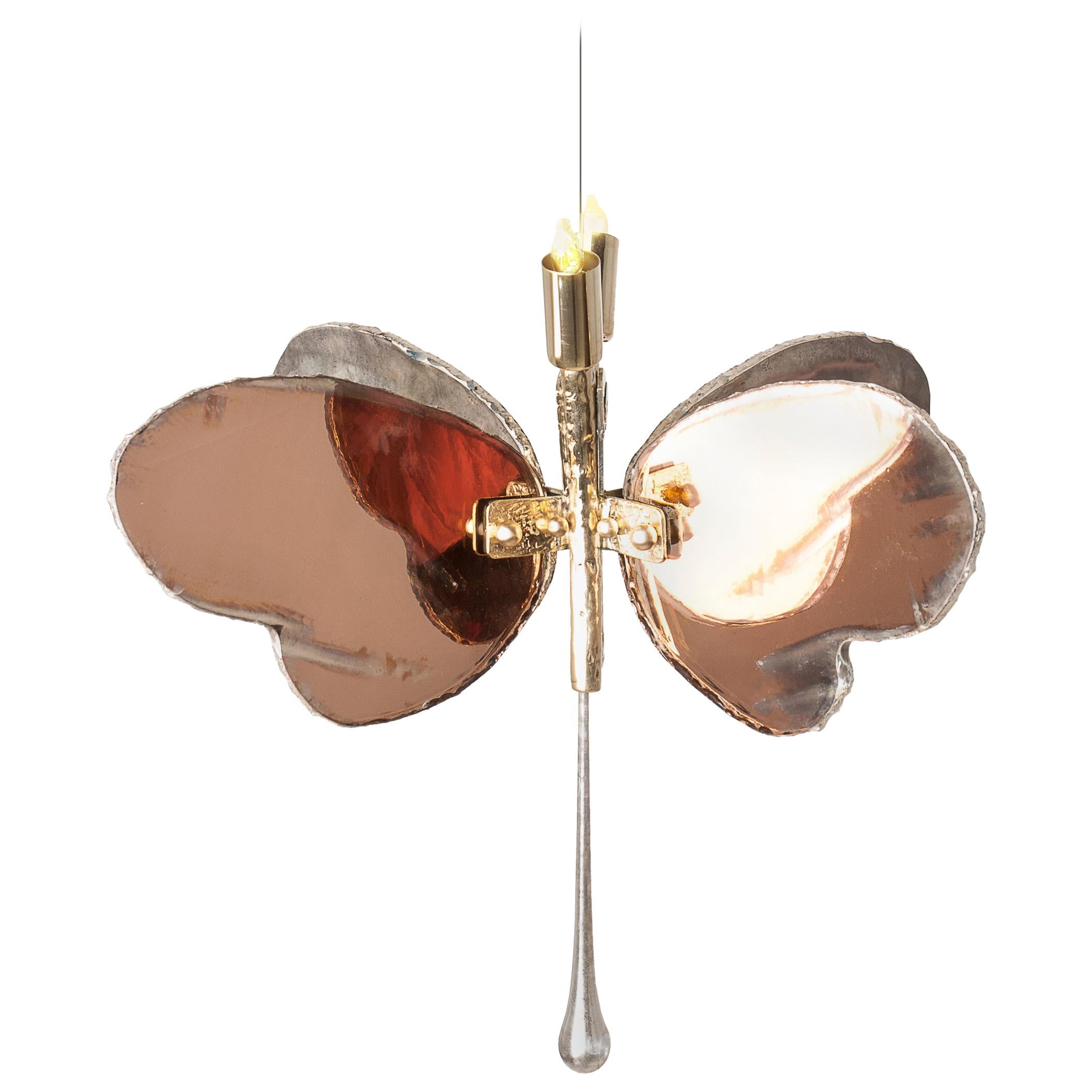 Butterfly Hanging Lamp Rose Silvered Glass, Brass Body, Crystal Drop