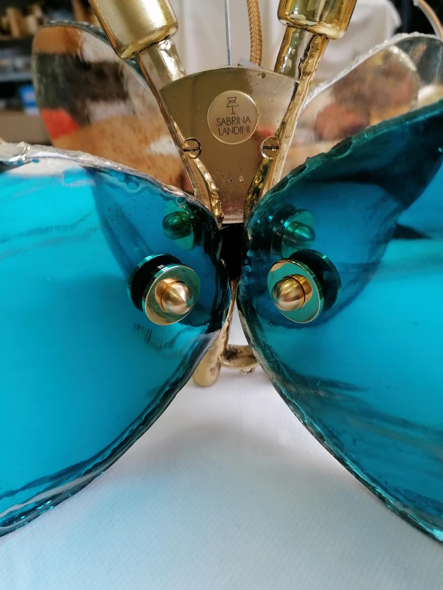 Butterfly Hanging Lamp Silvered Glass Aquamarine, Brass Body, Crystal Drop In New Condition In Pietrasanta, IT