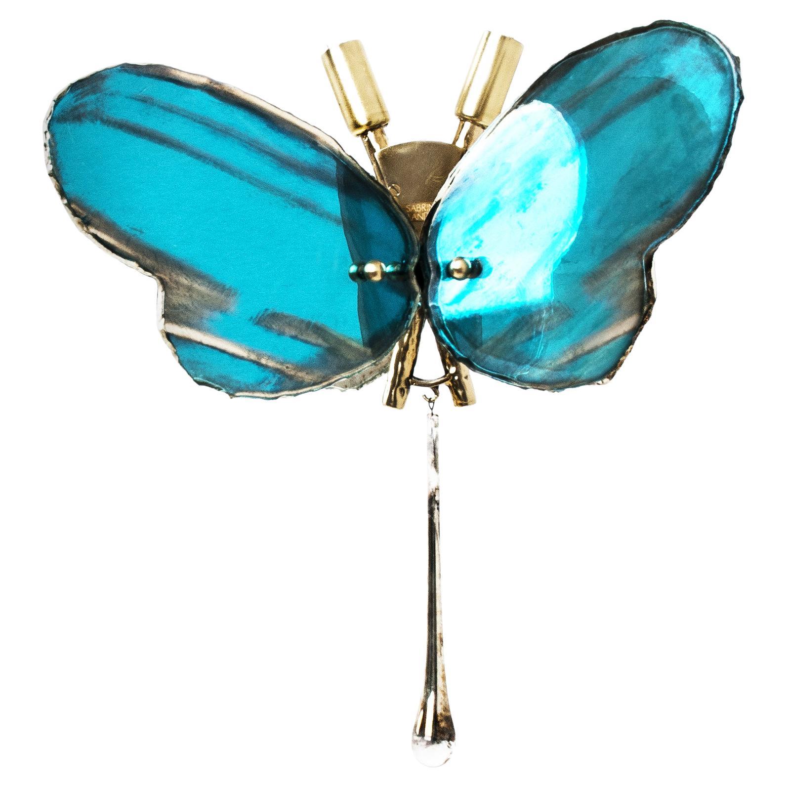 Butterfly Hanging Lamp Silvered Glass Aquamarine, Brass Body, Crystal Drop