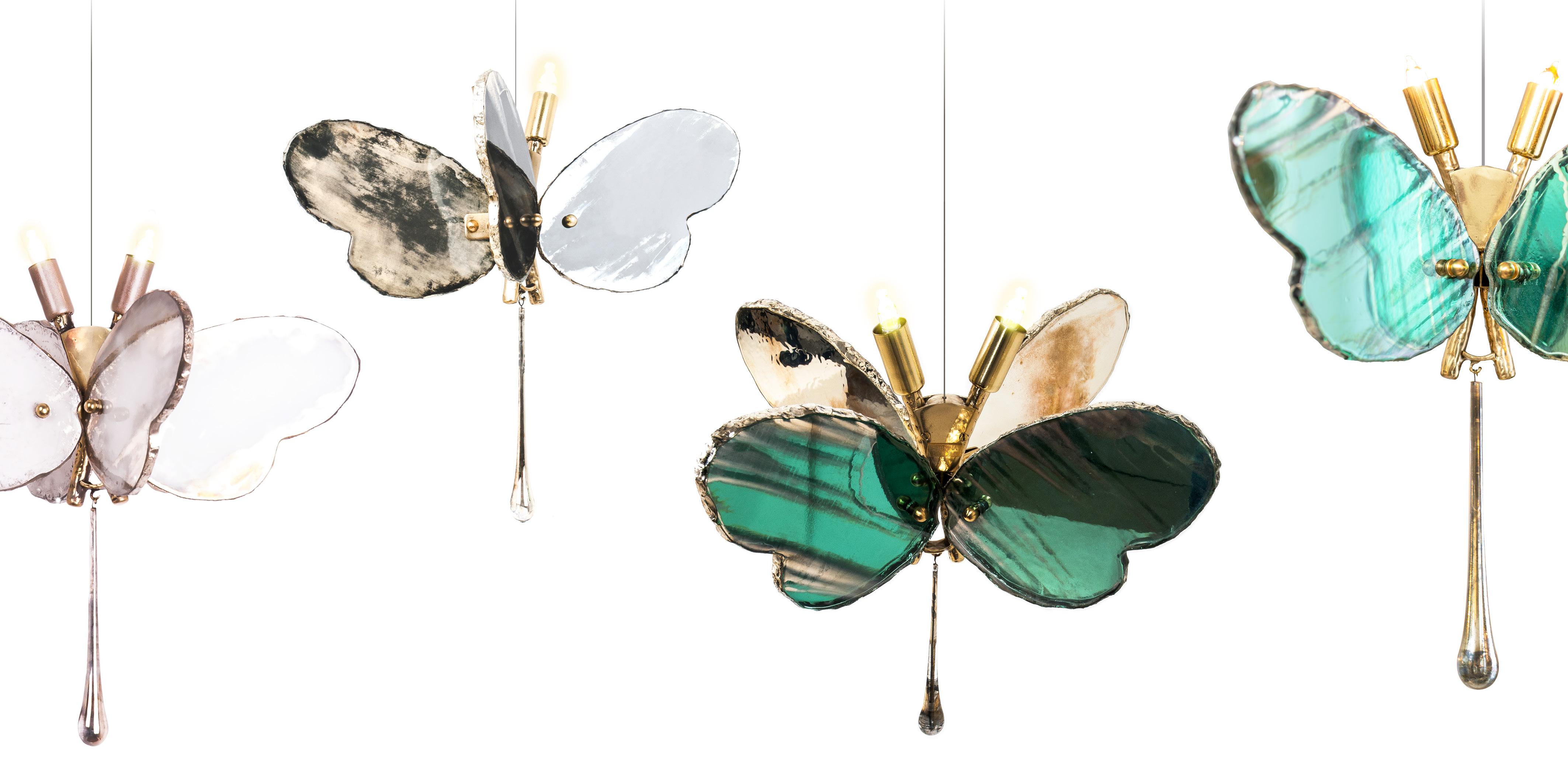 Art Glass Butterfly Hanging Lamp Silvered Glass Aquamarine, Brass Body, Crystal Drop