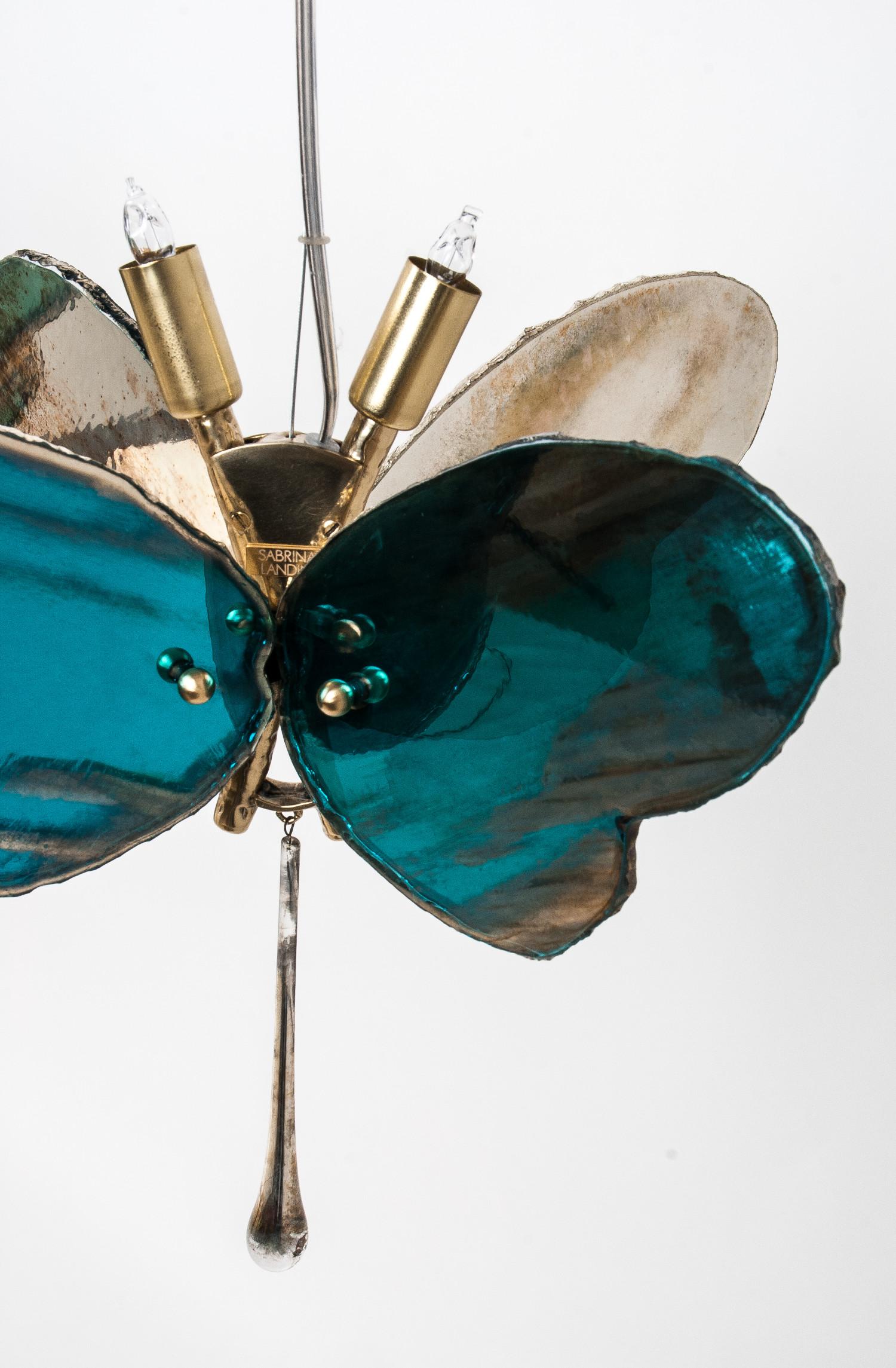 Italian Butterfly Hanging Lamp Silvered Glass Aquamarine, Brass Body, Crystal Drop