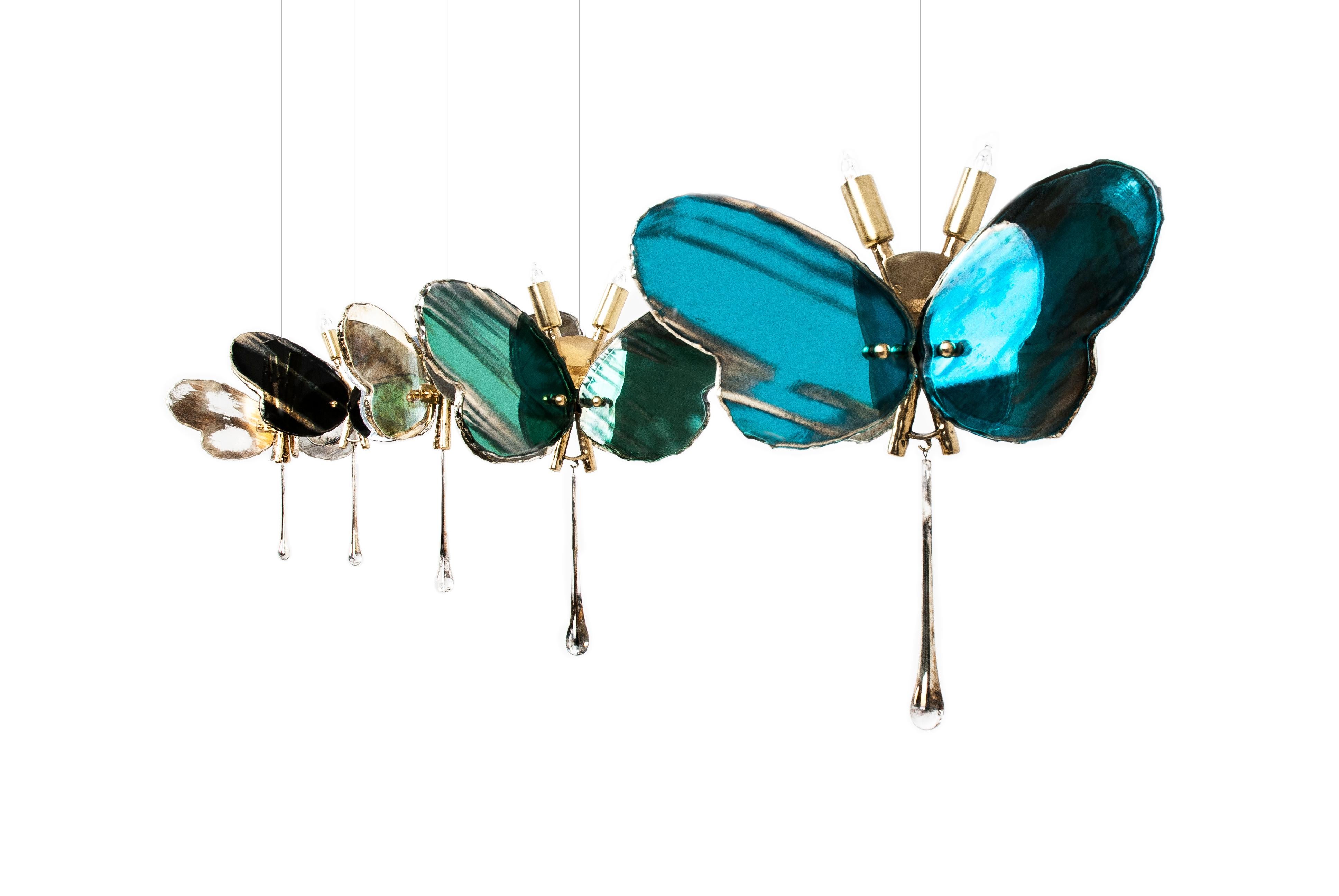 Modern Butterfly Hanging Lamp Silvered Glass Aquamarine, Brass Body, Crystal Drop