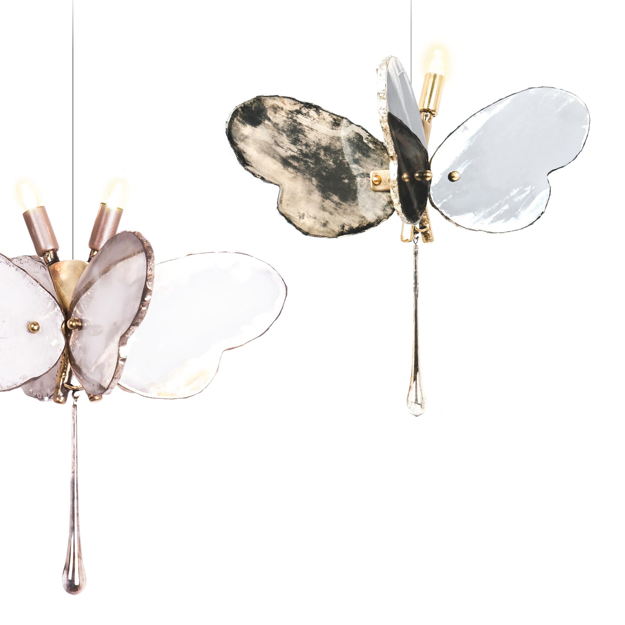 Butterfly Hanging Lamp white Silvered Glass , brass Body, Crystal drop In New Condition In Pietrasanta, IT