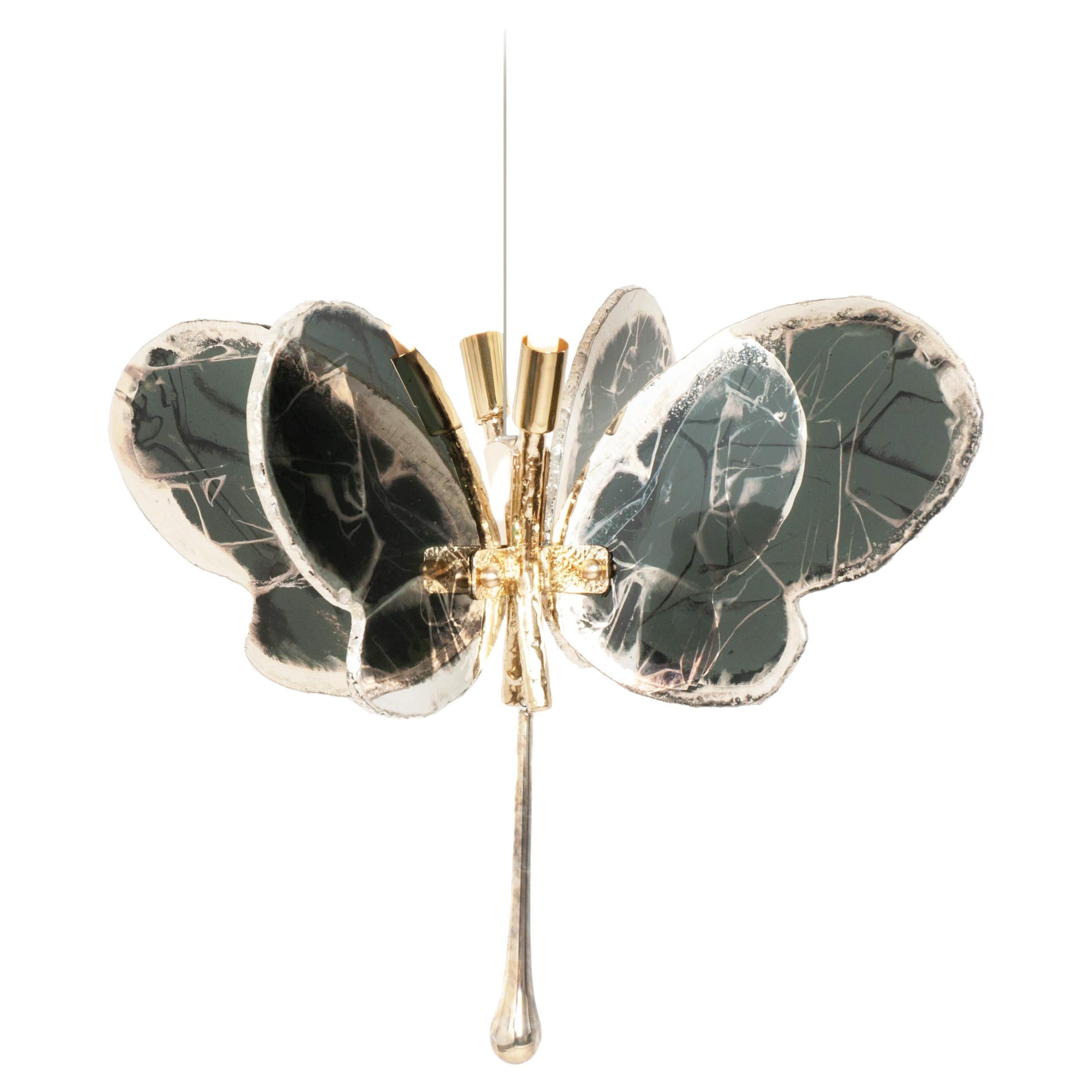 Butterfly 40 contemporary pendant Lamp, art glas Silvered, grey color, Brass   For Sale