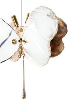 Butterfly Pendant Lamp by Sabrina Landini, White Silver Art Glass & Brass Italy