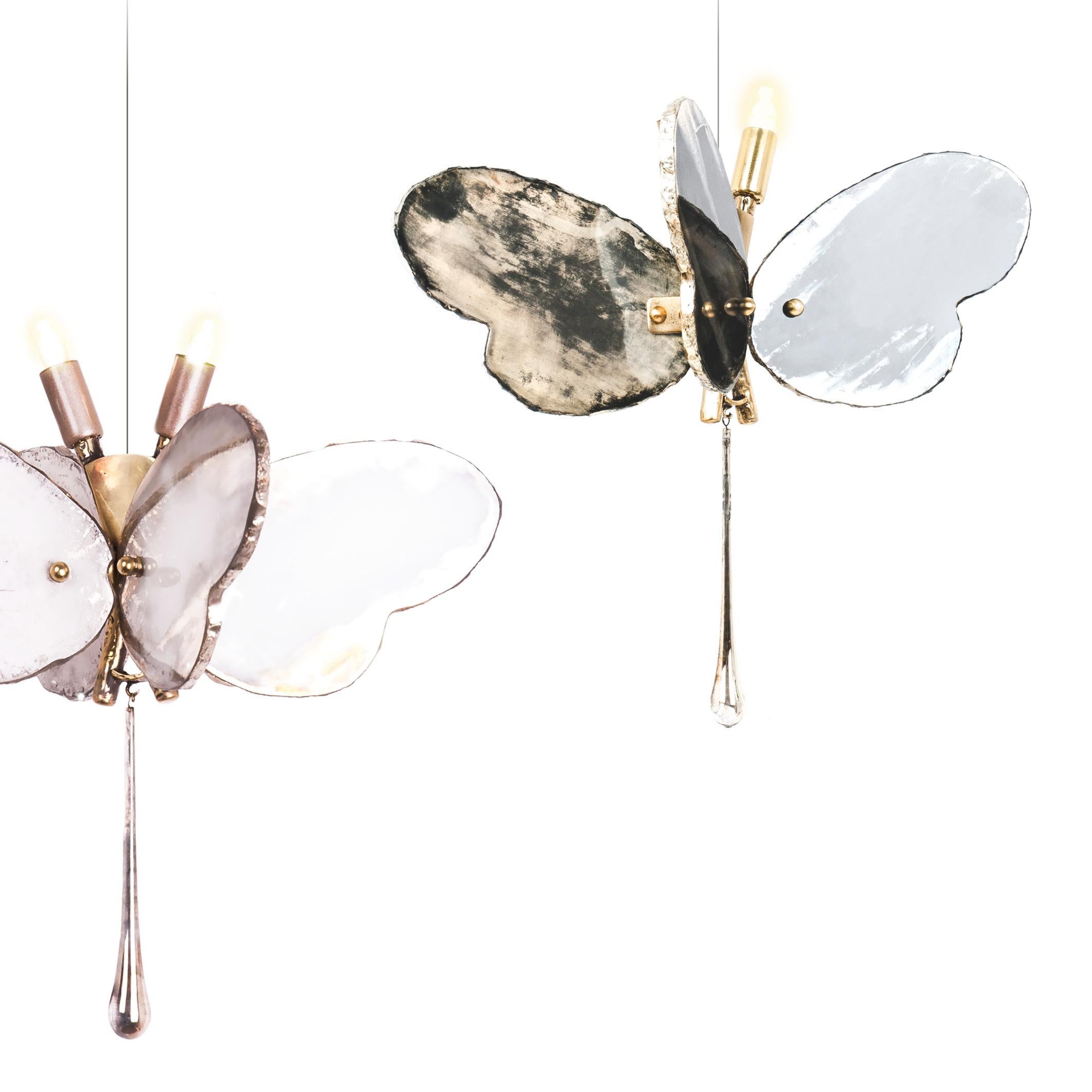 Modern Butterfly 40 contemporary pendant Lamp, art Silvered Glass, white color, Brass For Sale