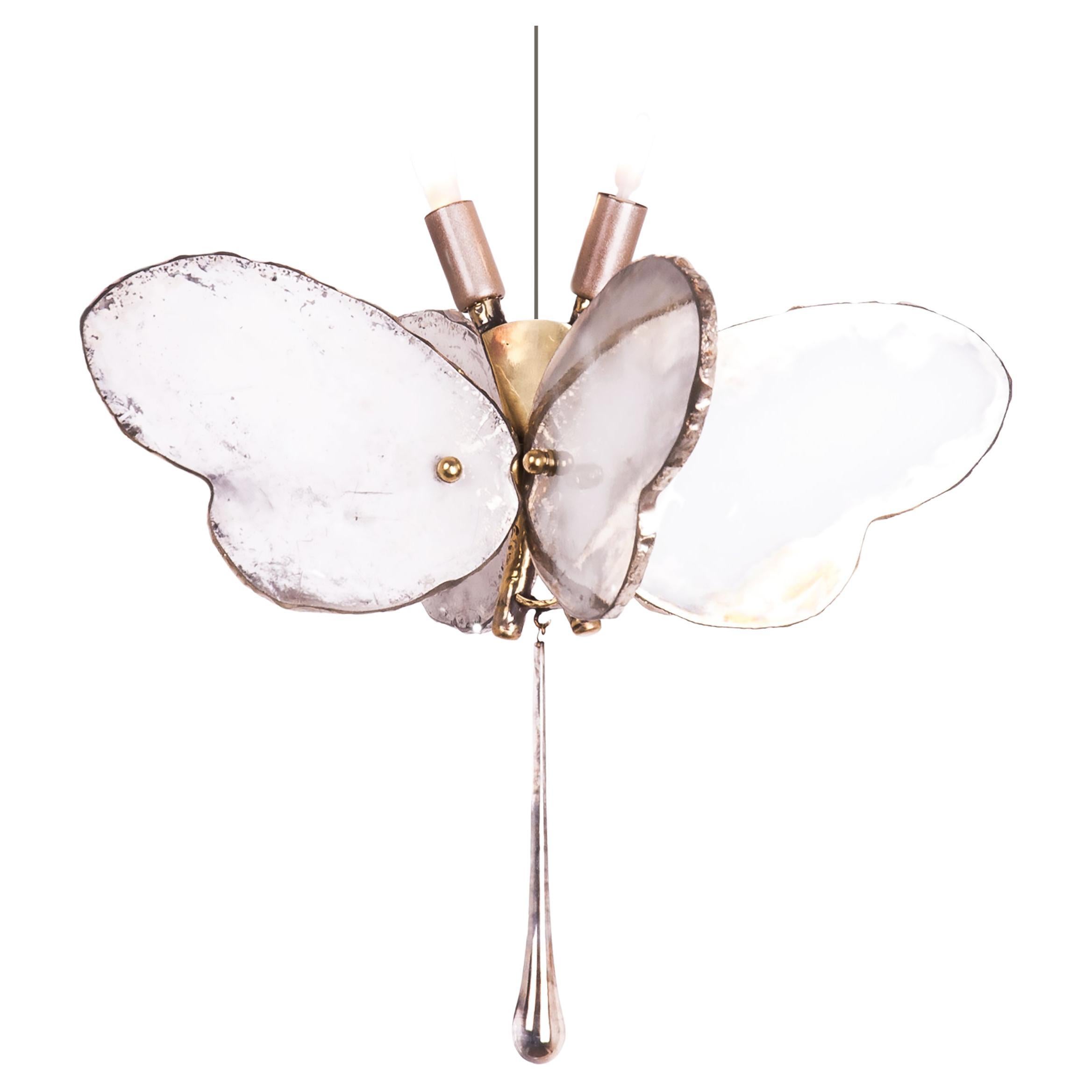 Butterfly Hanging Lamp white Silvered Glass , brass Body, Crystal drop