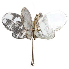 Butterfly Hanging Lamp Fontana ArtWhite Silvered Glass, Brass Body, Crystal Drop
