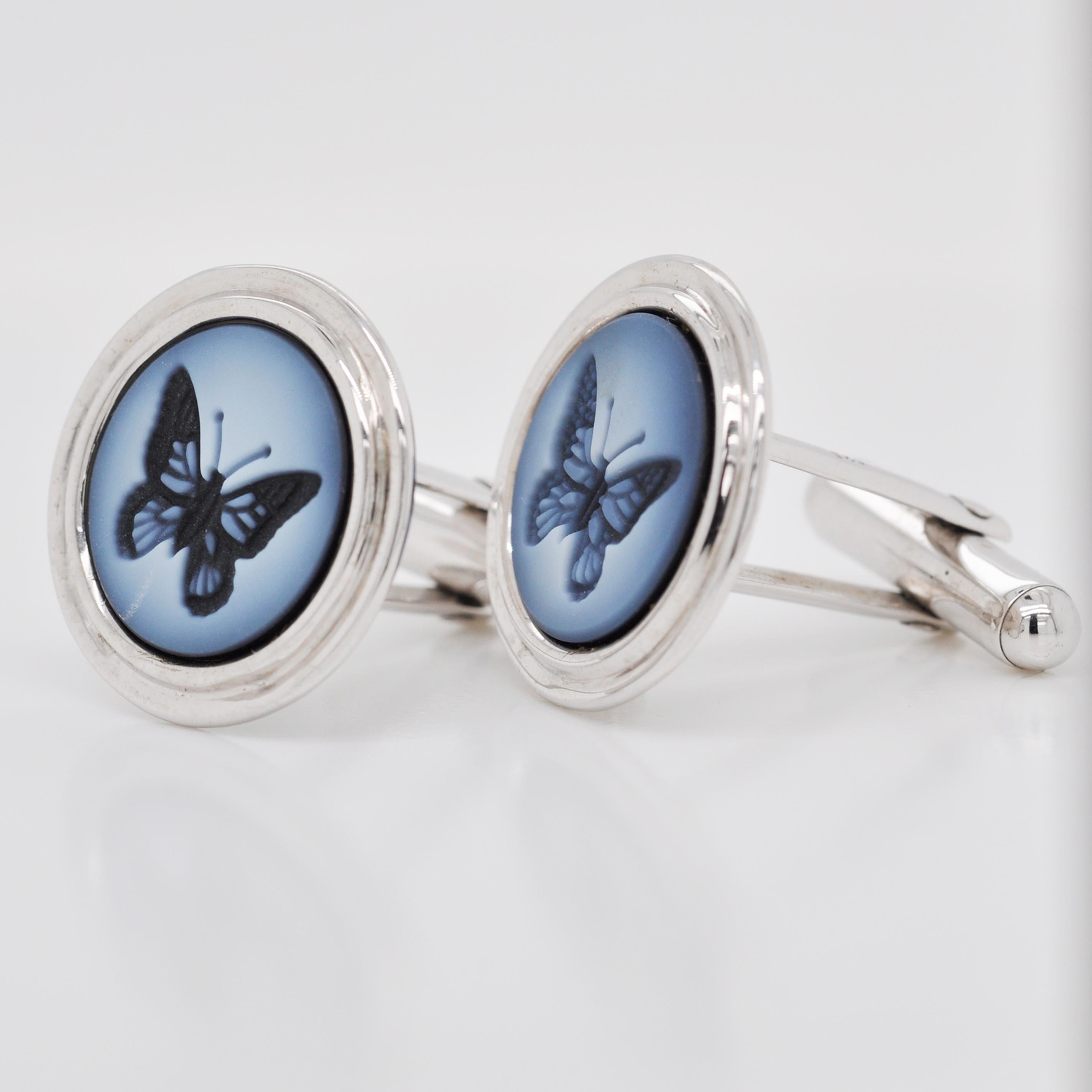 Round Cut Butterfly Agate Intaglio Contemporary Sterling Silver Gemstone Cufflinks