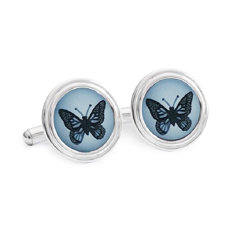 Women's or Men's Butterfly Agate Intaglio Contemporary Sterling Silver Gemstone Cufflinks