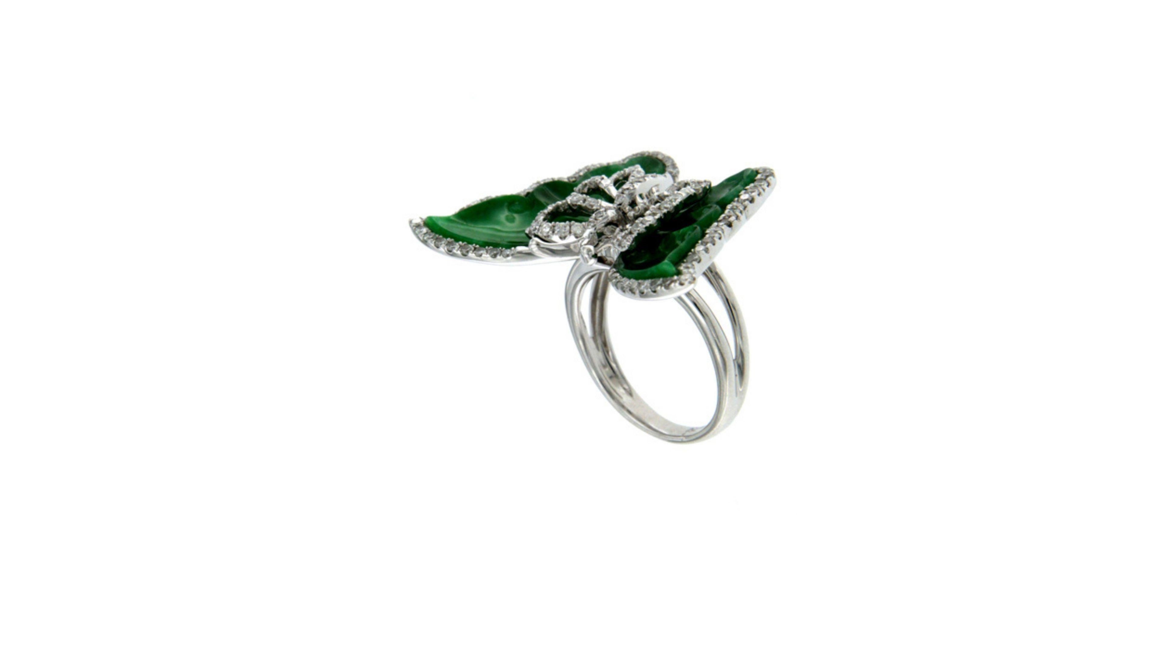 Contemporary Butterfly Jade Ring 18k White Gold For Sale