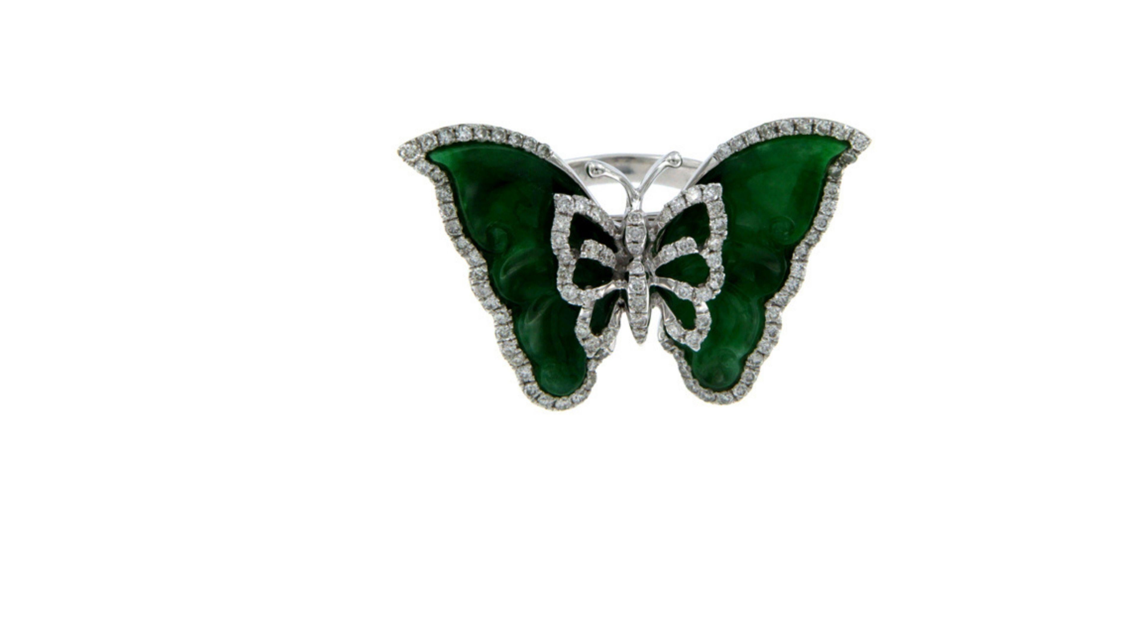 Mixed Cut Butterfly Jade Ring 18k White Gold For Sale