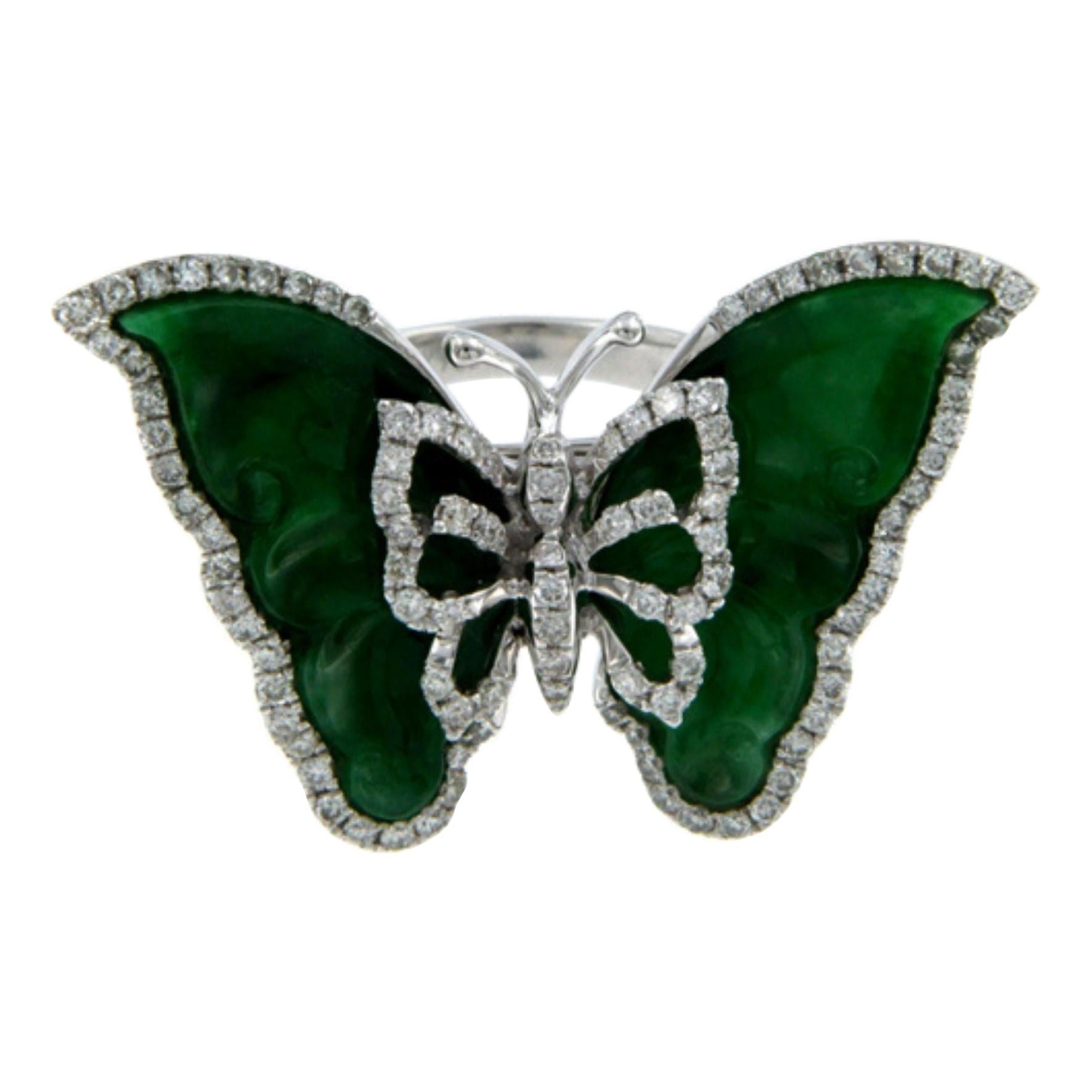 Butterfly Jade Ring 18k White Gold For Sale