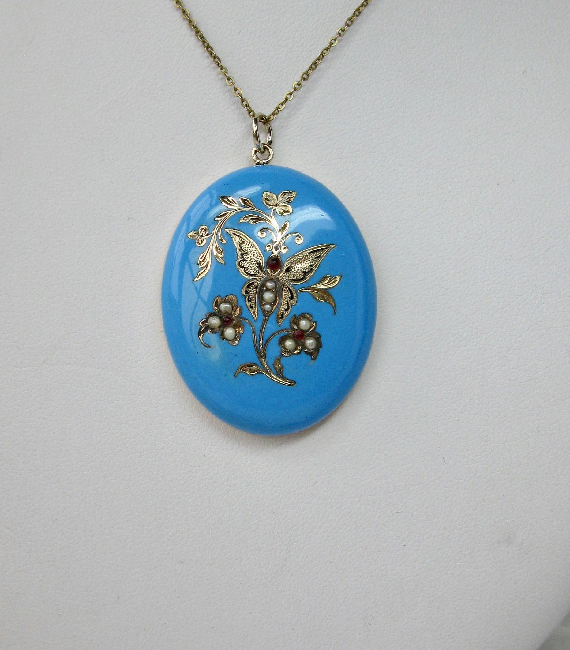 Round Cut Butterfly Locket Ruby Pearl Enamel 14 Karat Gold Victorian Insect Pendant For Sale