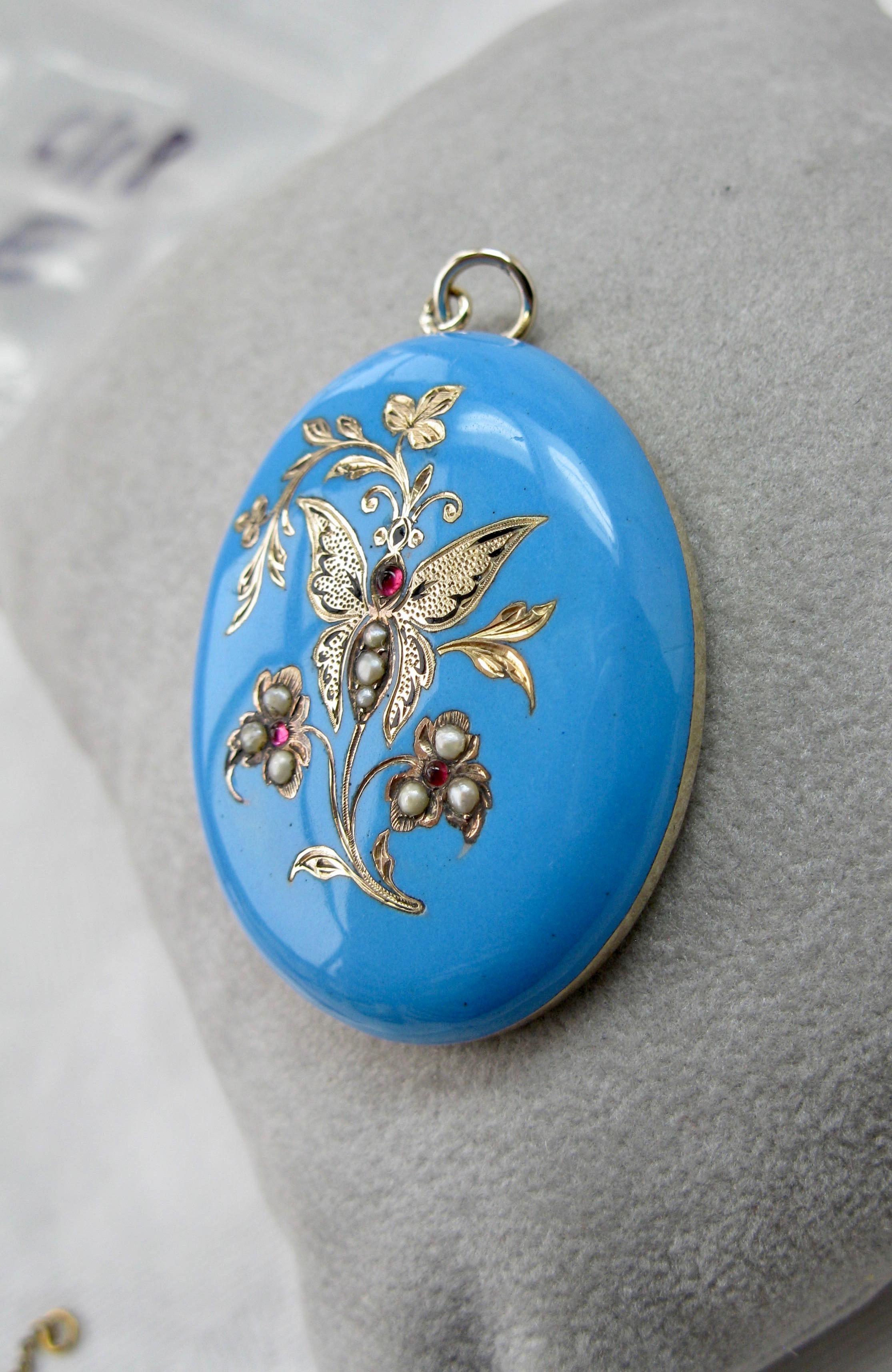 Women's Butterfly Locket Ruby Pearl Enamel 14 Karat Gold Victorian Insect Pendant For Sale