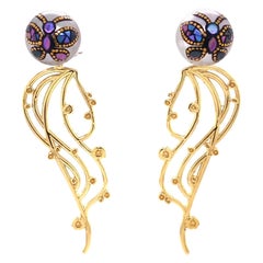 Butterfly Maki-e Tahitian Pearl Studs with 18k Yellow Gold Klimt Jackets