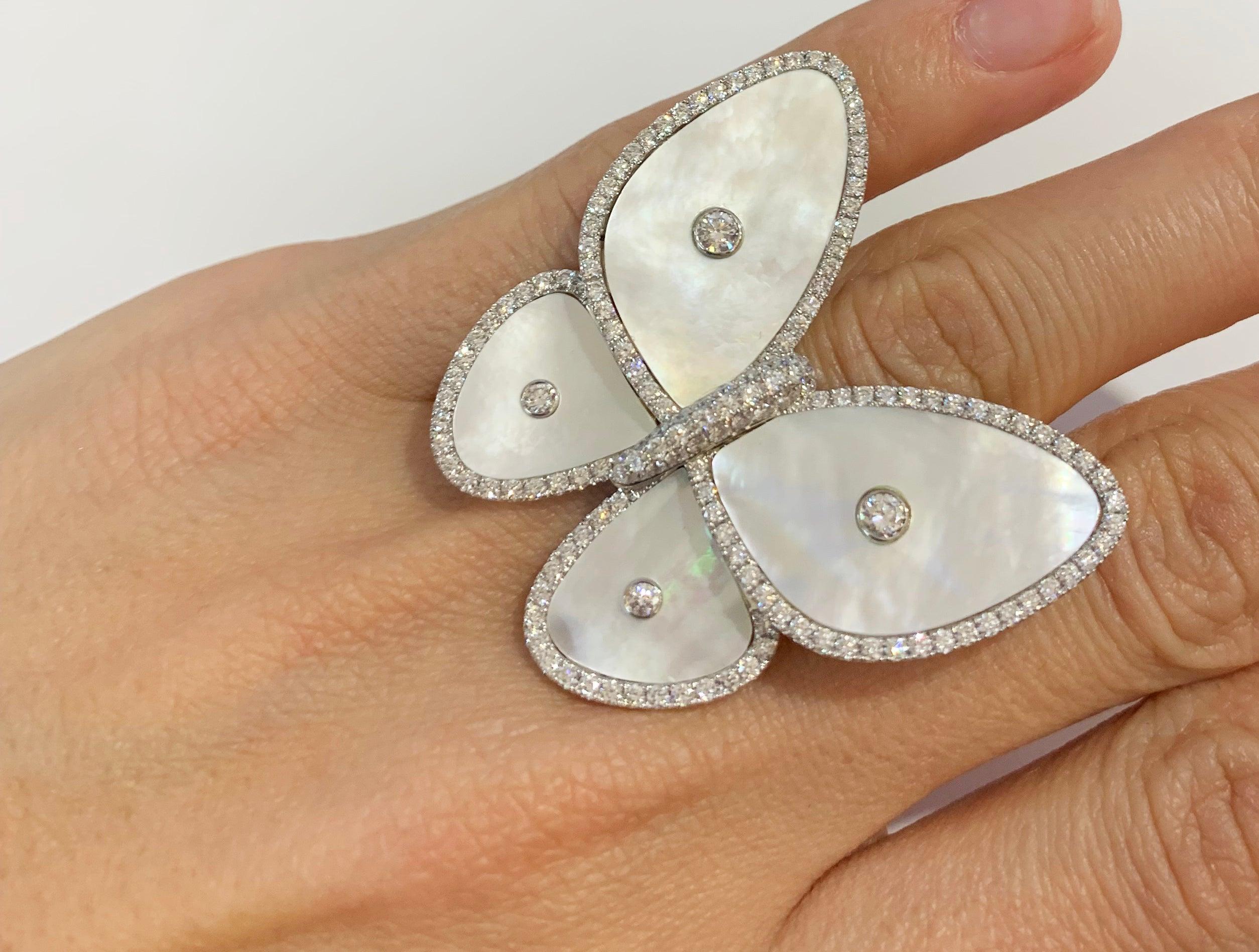 Round Cut Butterfly MOP Ring With Diamonds For Sale