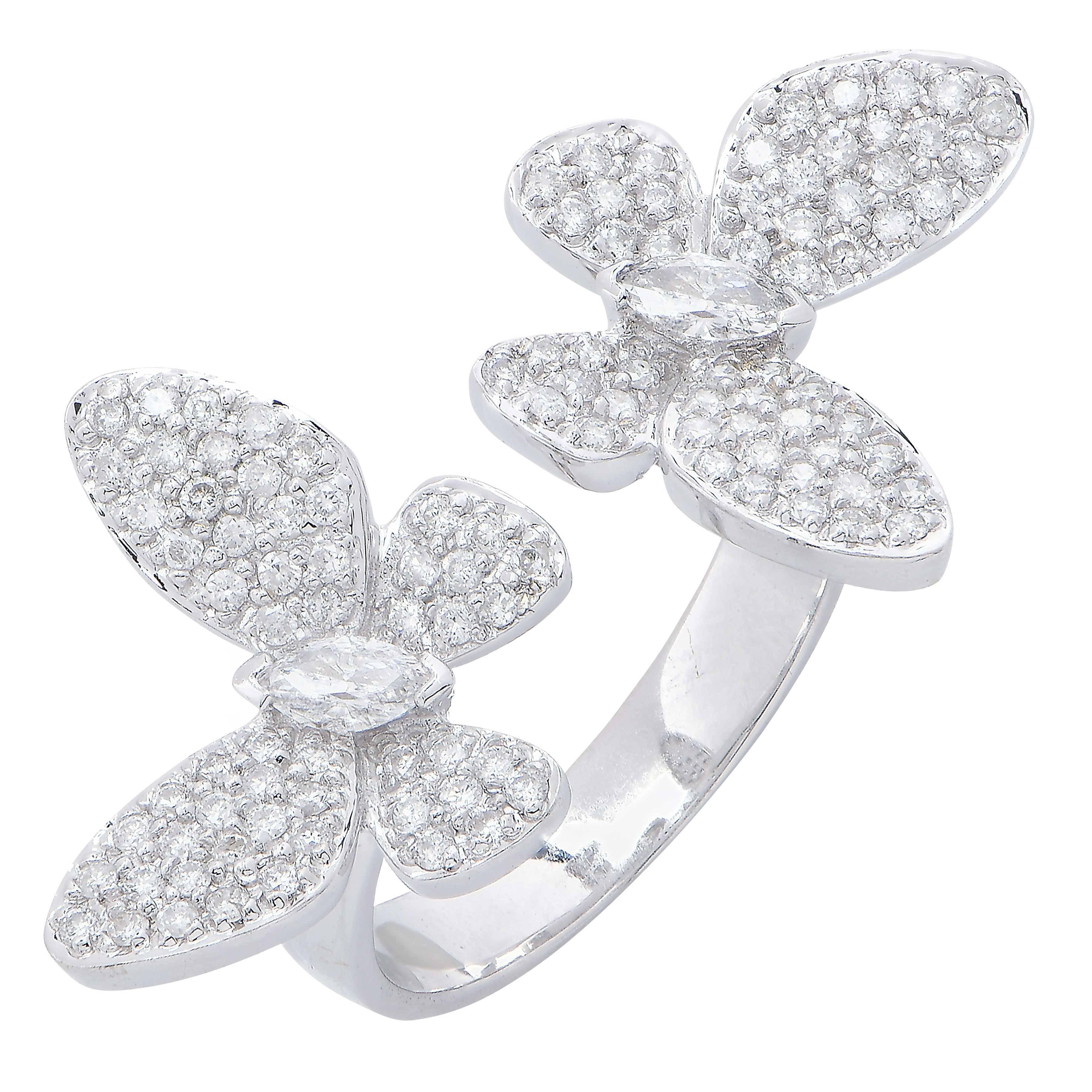 Women's or Men's Butterfly Motif Diamond 18 Karat White Gold Ring