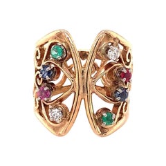 Butterfly Multi-Gem 14K Yellow Gold Ring, circa 1960s