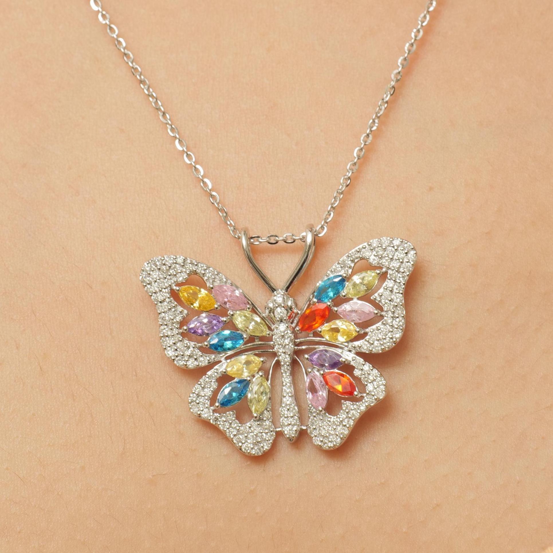 Art déco Collier Butterfly en or massif 14K avec diamants et pierres multicolores (certifié) en vente