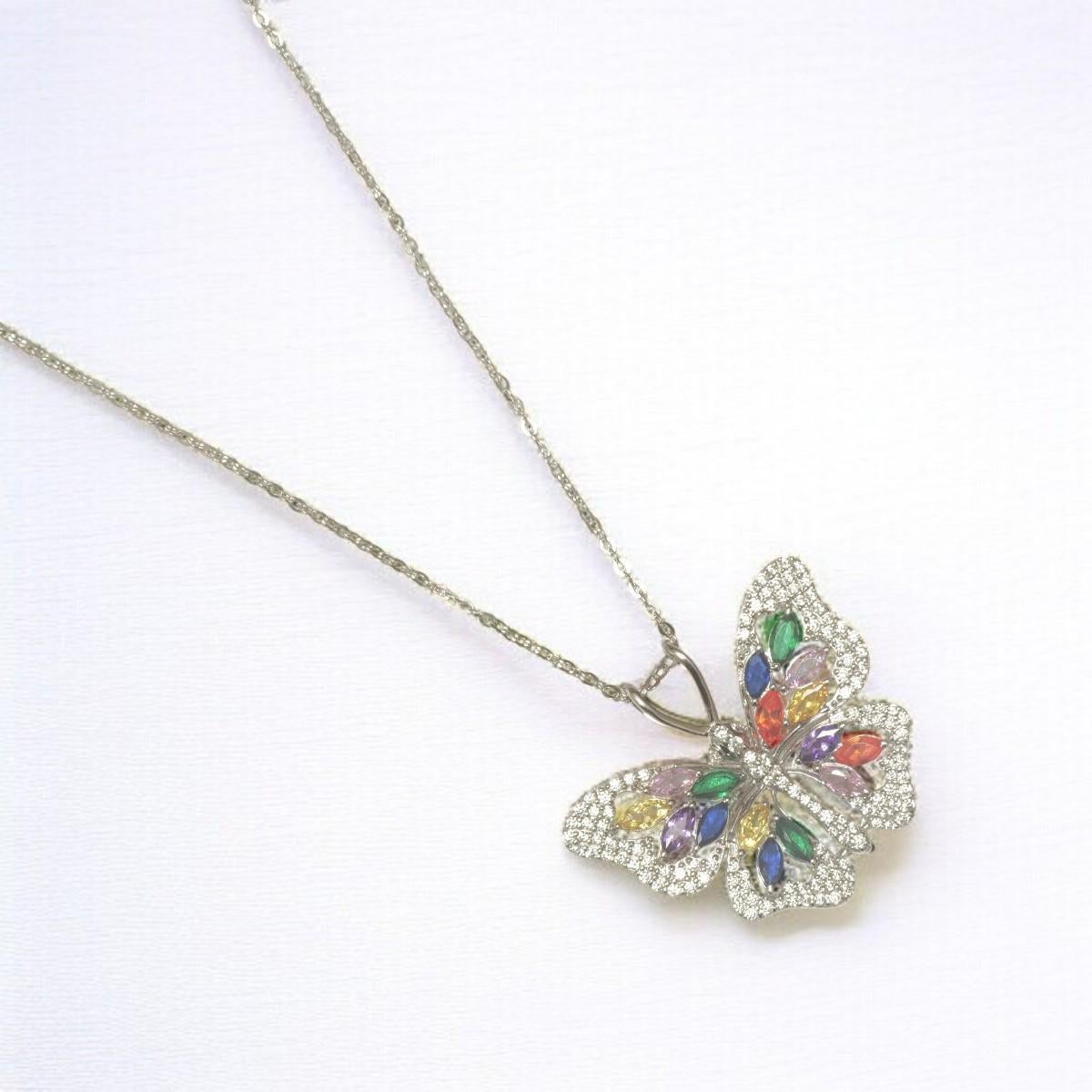 Collier Butterfly en or massif 14K avec diamants et pierres multicolores (certifié) Neuf - En vente à New Delhi, DL