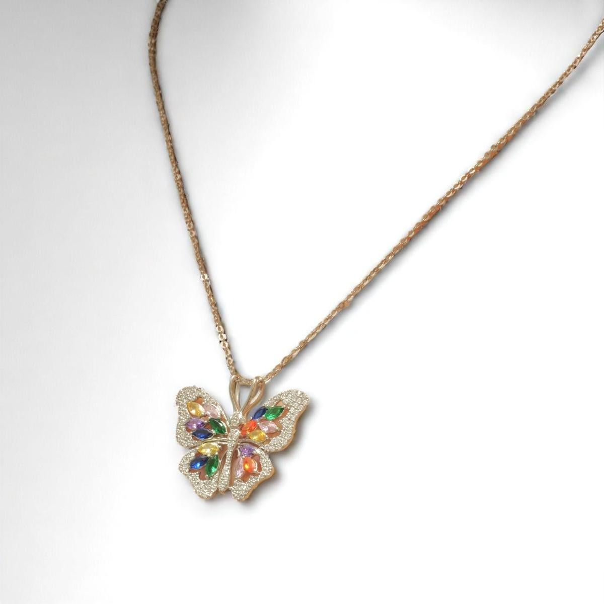Collier Butterfly en or massif 14K avec diamants et pierres multicolores (certifié) Pour femmes en vente