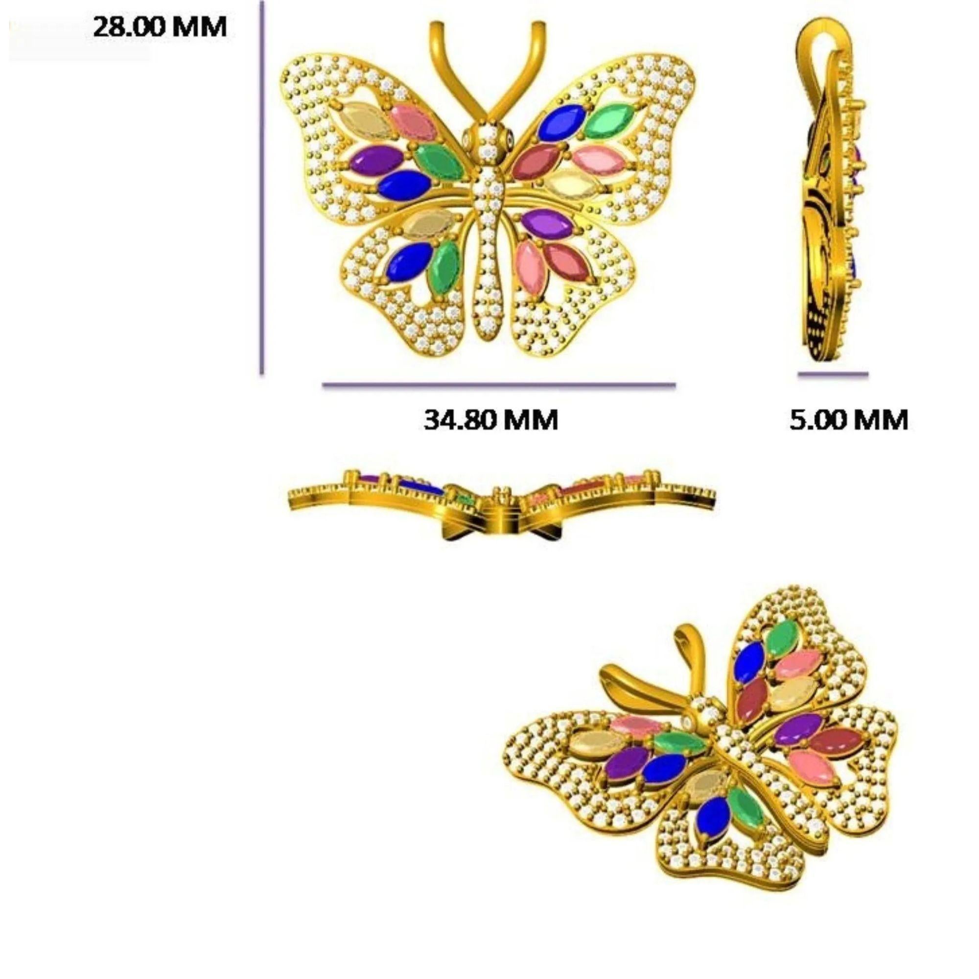 Collier Butterfly en or massif 14K avec diamants et pierres multicolores (certifié) en vente 2