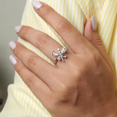 1.36 Carat Butterfly Natural Diamond Pear Rose Cut Cocktail Ring, 14k White Gold