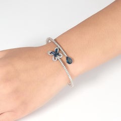 4.69 Carat Butterfly Natural Sapphire Diamond Open Cuff Bracelet, 14k White Gold