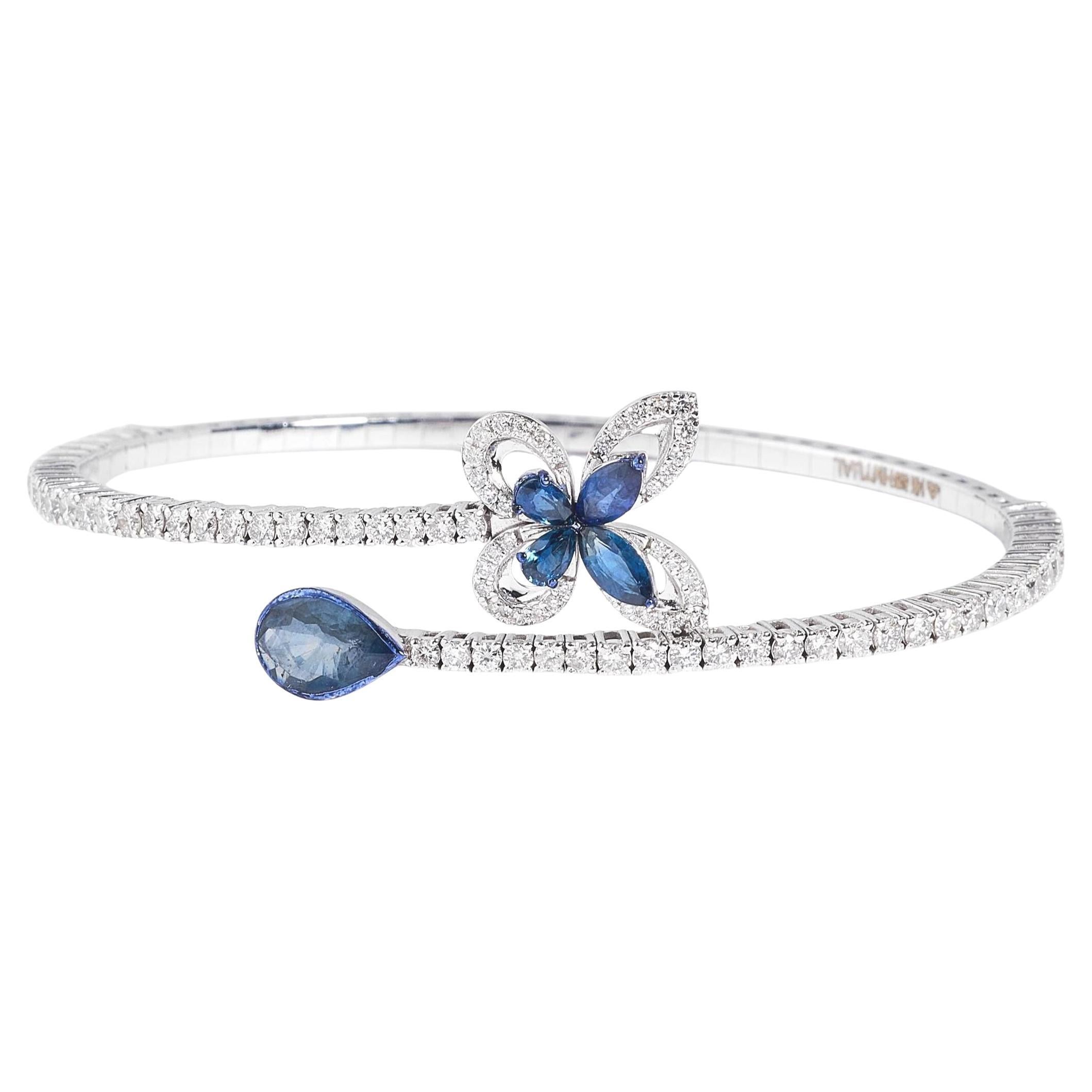 Butterfly Natural Sapphire & Diamond Cuff Bracelet in 14K Solid Gold (Certified)