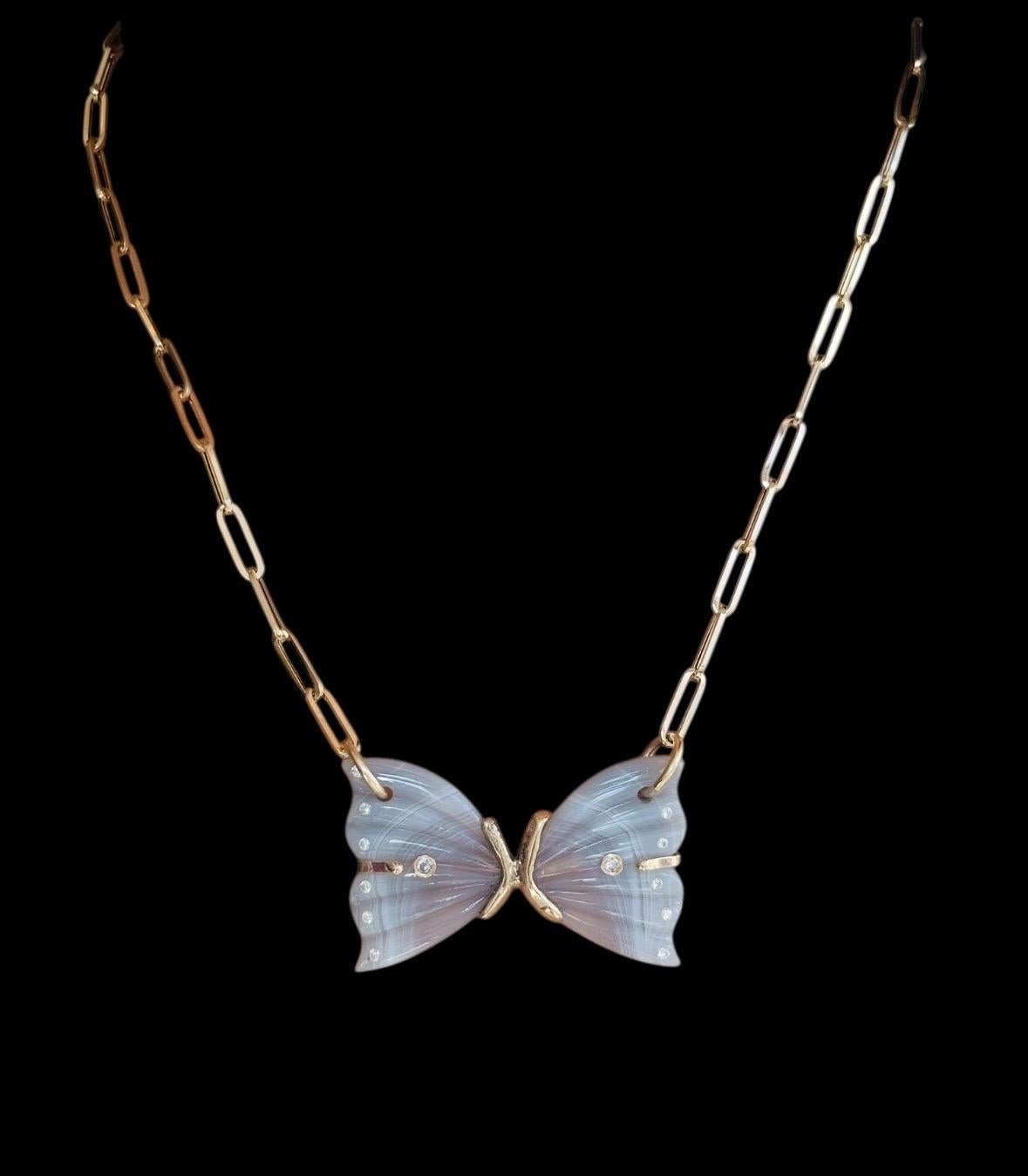 CHAîne Paperclip de 14 carats, agate de Laguna, diamants et or en vente 6