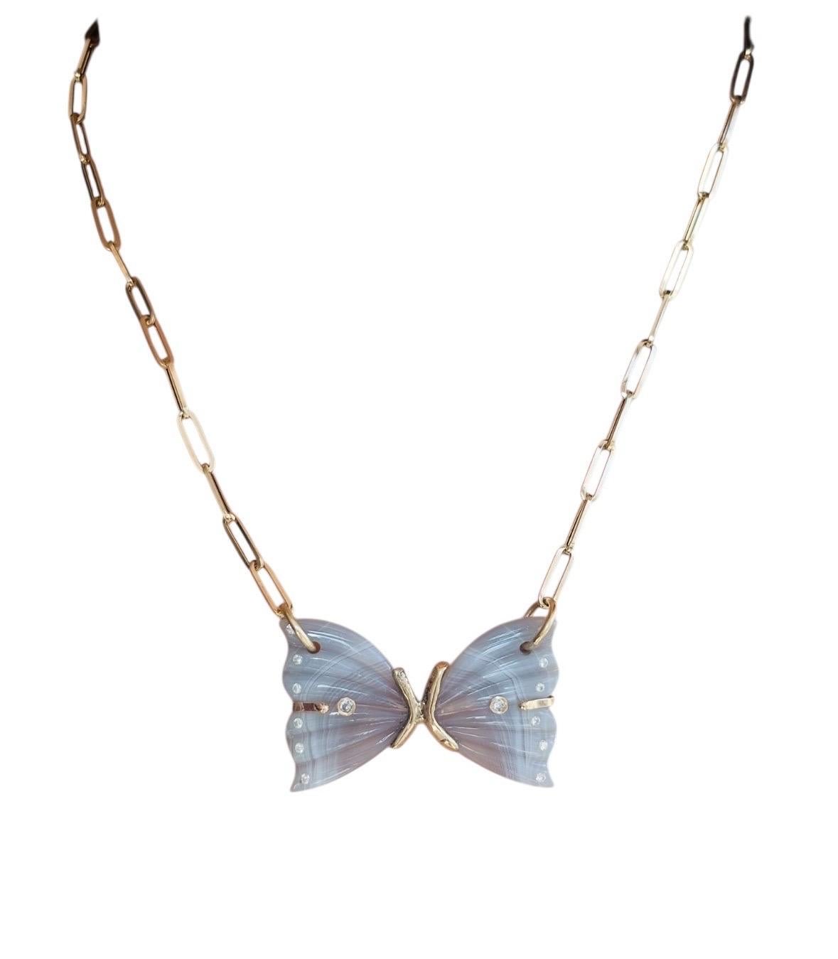 CHAîne Paperclip de 14 carats, agate de Laguna, diamants et or en vente 1