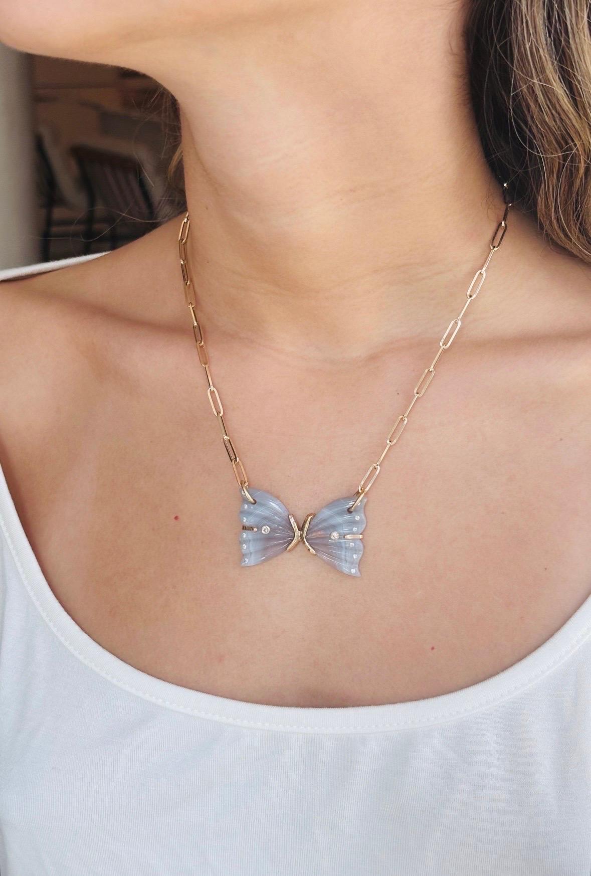 CHAîne Paperclip de 14 carats, agate de Laguna, diamants et or en vente 2