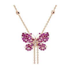 Butterfly Necklace with long chain with Diamonds, Rubies  and 18K Gold