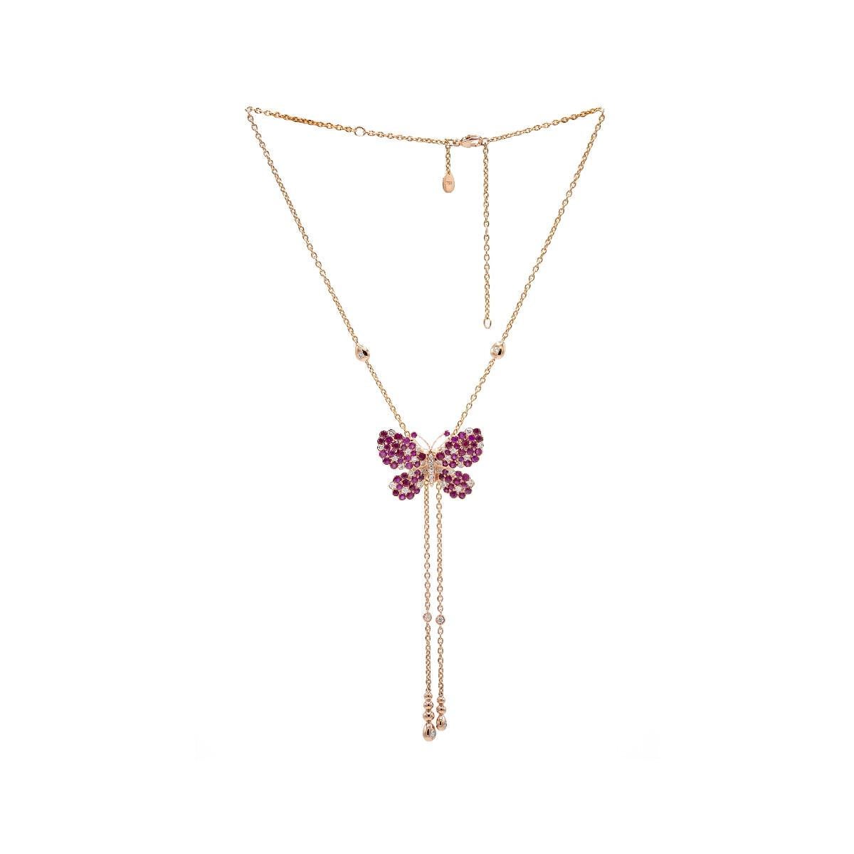 Brilliant Cut  Butterfly Necklace with long chain with Diamonds, Rubies  and 18K Gold For Sale