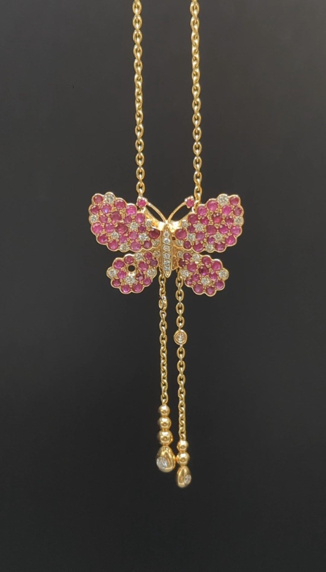 Women's  Butterfly Necklace with long chain with Diamonds, Rubies  and 18K Gold For Sale