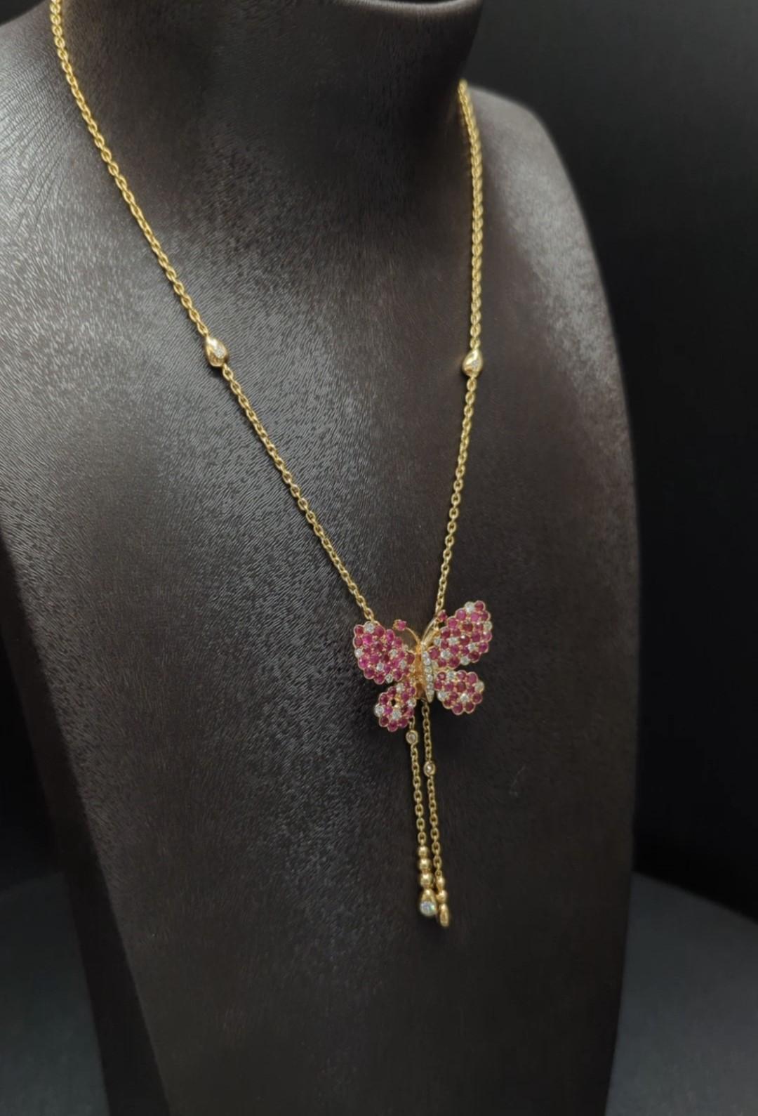 Butterfly Necklace with long chain with Diamonds, Rubies  and 18K Gold For Sale 1