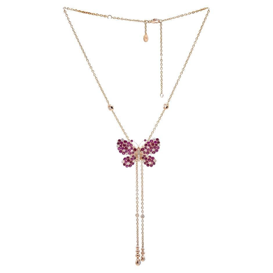  Butterfly Necklace with long chain with Diamonds, Rubies  and 18K Gold For Sale
