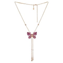  Butterfly Necklace with long chain with Diamonds, Rubies  and 18K Gold