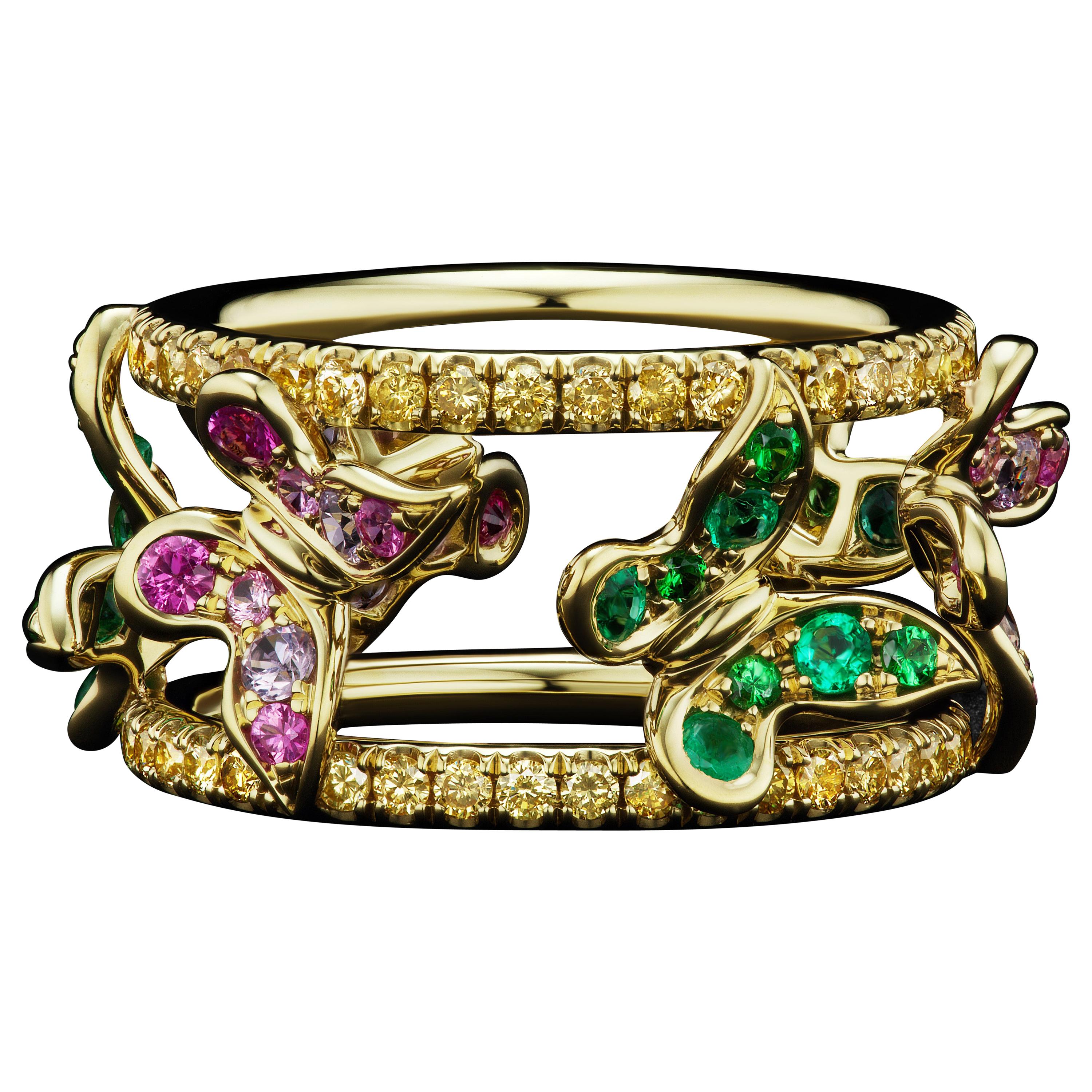 JAG New York 18 Karat Emerald, Tsavorite, Purple & Pink Sapphire Butterfly Ring  For Sale
