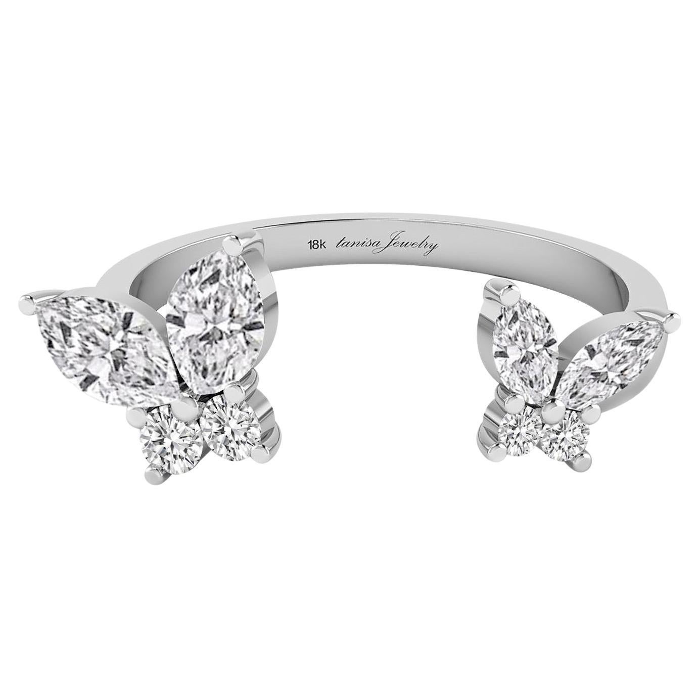 Butterfly Open Ring with Diamond in 18 Karat White Gold