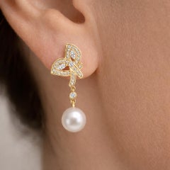 Butterfly Pearl and Moissanite Drop Earrings Studs silver, gold