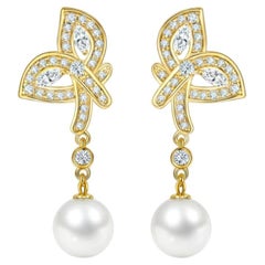 Butterfly Pearl and Moissanite Drop Earrings Studs silver, gold