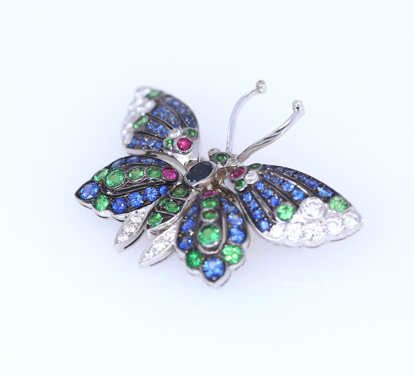 Round Cut Butterfly Pendant Brooch Sapphires Emeralds Rubies Diamonds, 1930