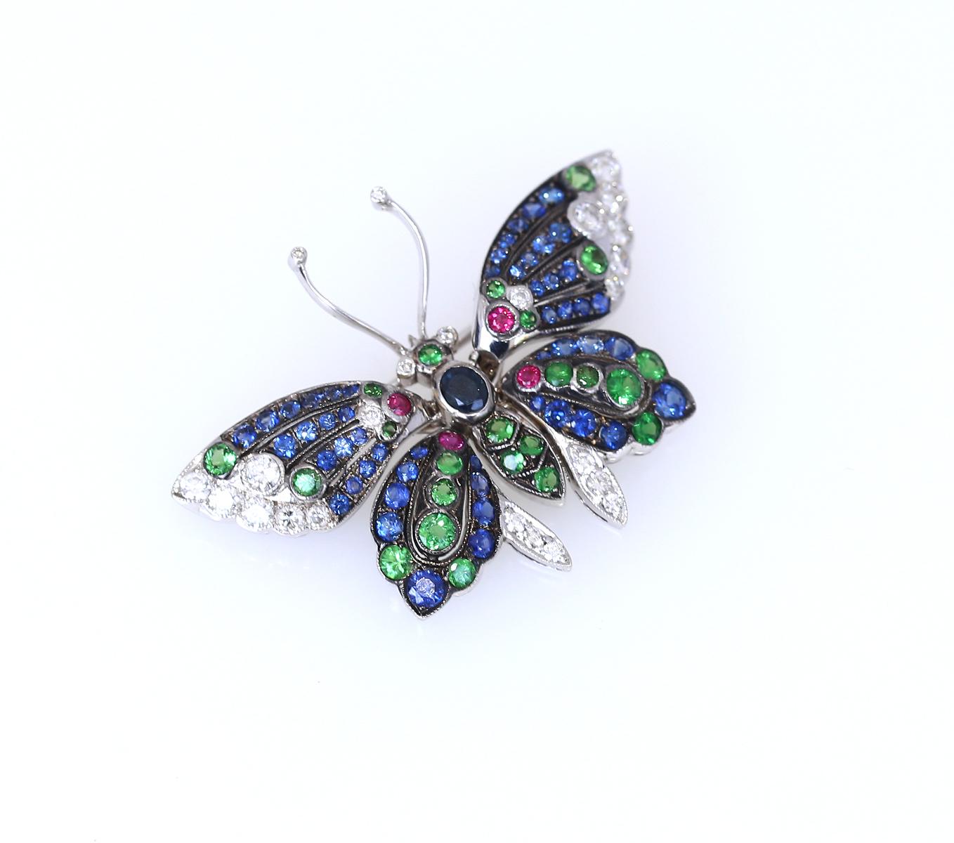 Butterfly Pendant Brooch Sapphires Emeralds Rubies Diamonds, 1930 2