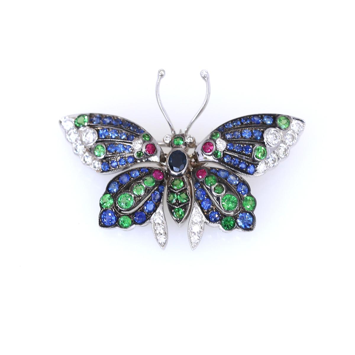 Butterfly Pendant Brooch Sapphires Emeralds Rubies Diamonds, 1930 3