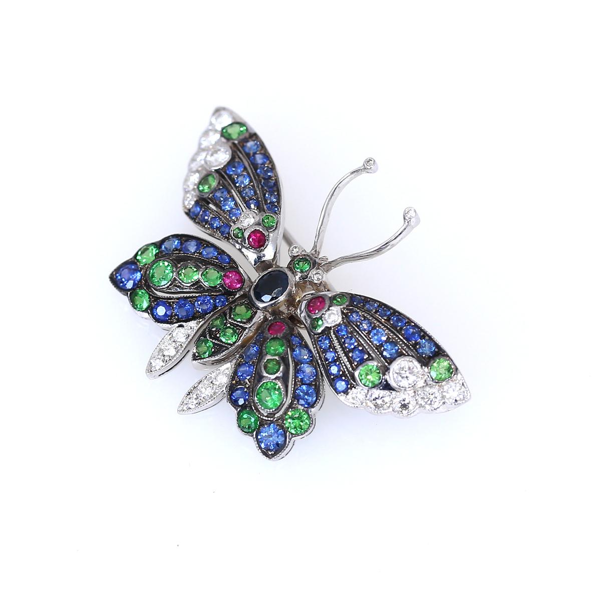 Butterfly Pendant Brooch Sapphires Emeralds Rubies Diamonds, 1930 4